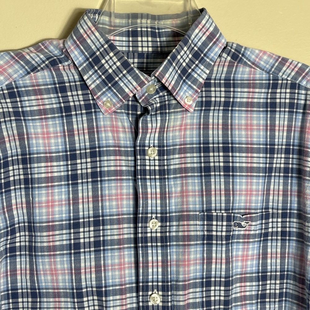 Vineyard Vines Mens Shirt Medium Blue Pink Plaid Classic Fit Tucker Short Sleeve